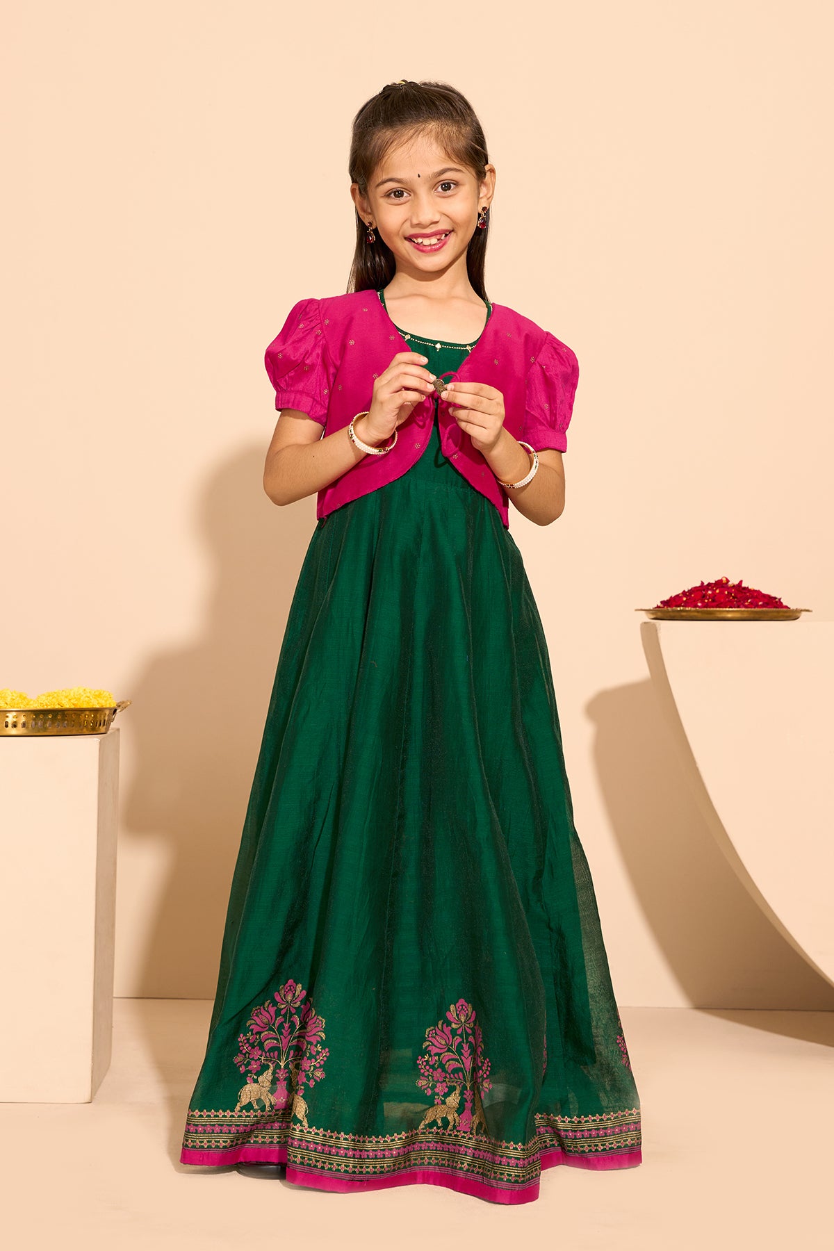 Floral Printed Kids Anarkali with Overcoat - Green & Pink