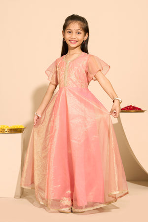 Sequence & Lace Embellished Kids Anarkali - Peach
