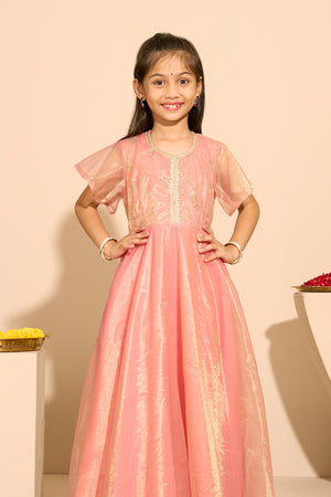 Sequence & Lace Embellished Kids Anarkali - Peach
