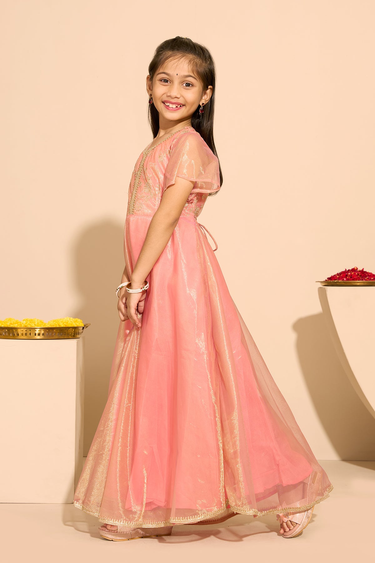 Sequence & Lace Embellished Kids Anarkali - Peach
