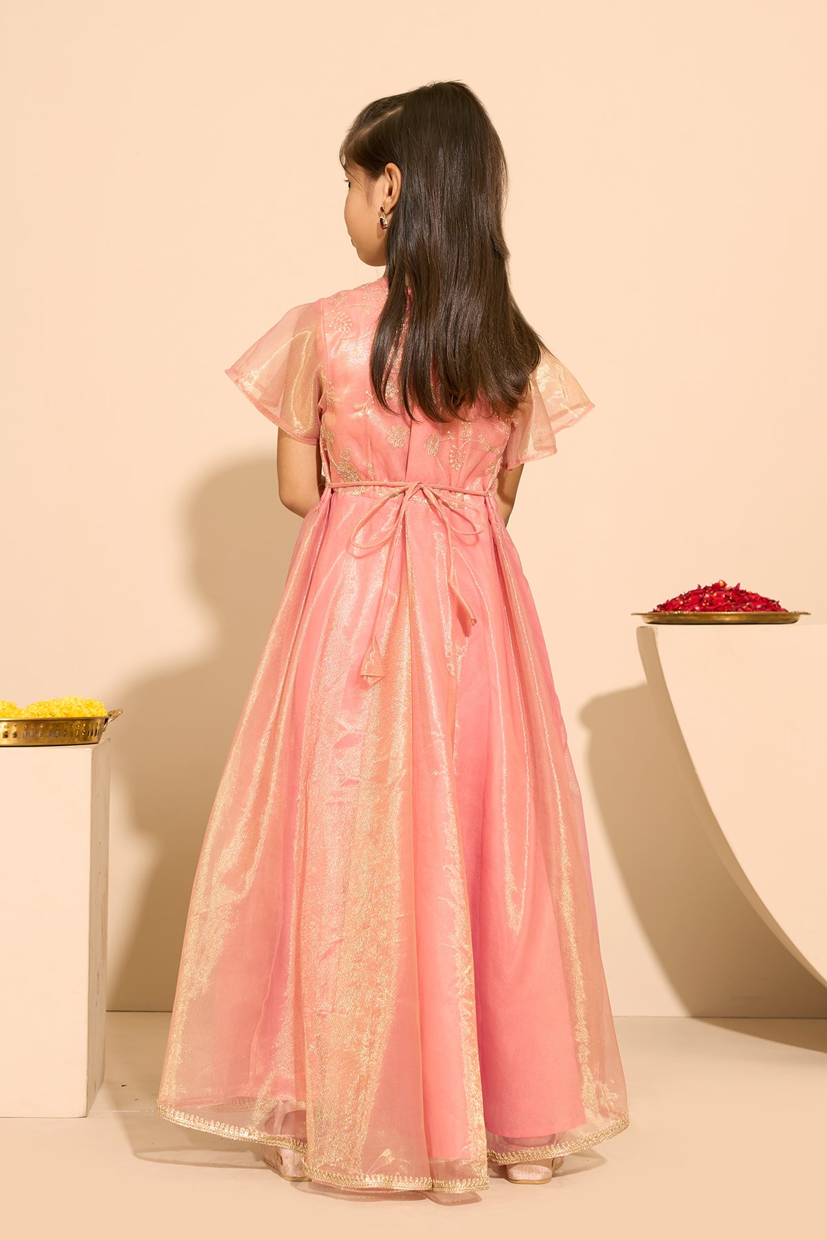 Sequence & Lace Embellished Kids Anarkali - Peach
