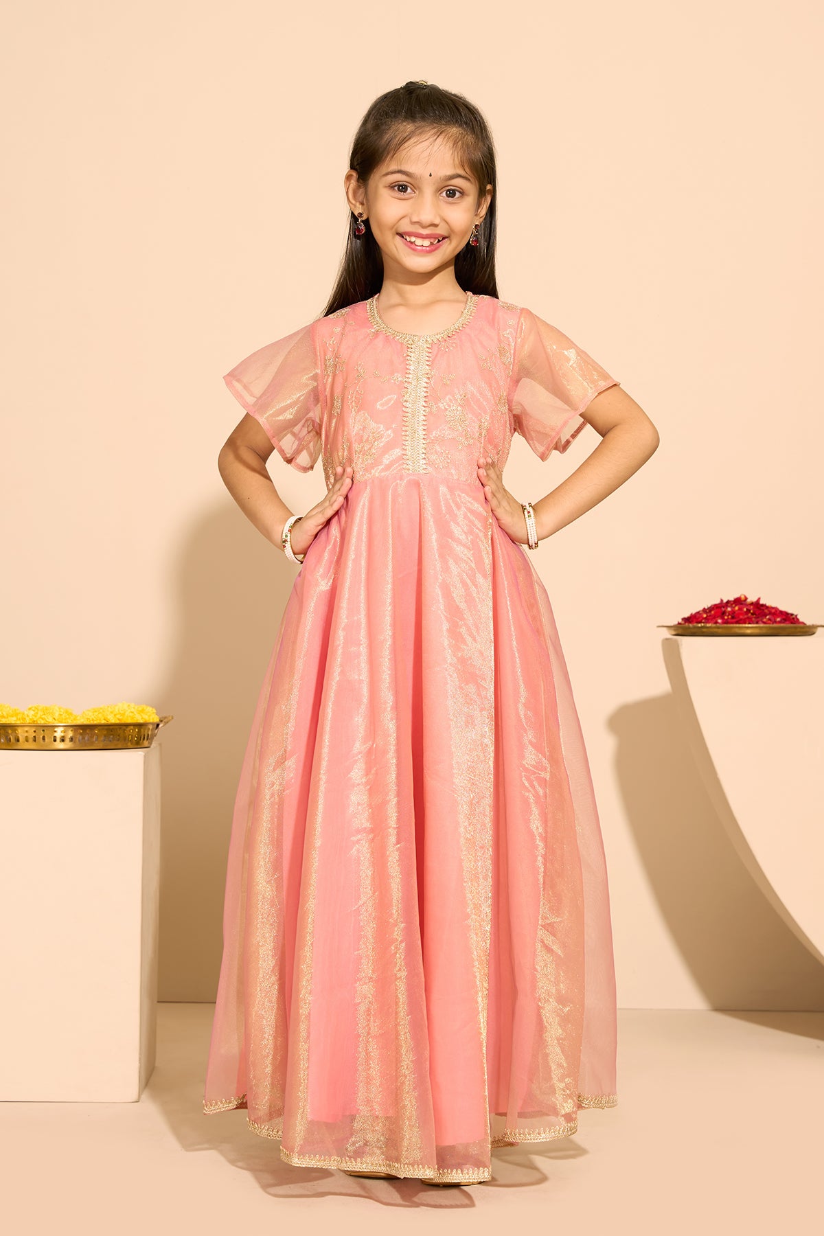 Sequence & Lace Embellished Kids Anarkali - Peach