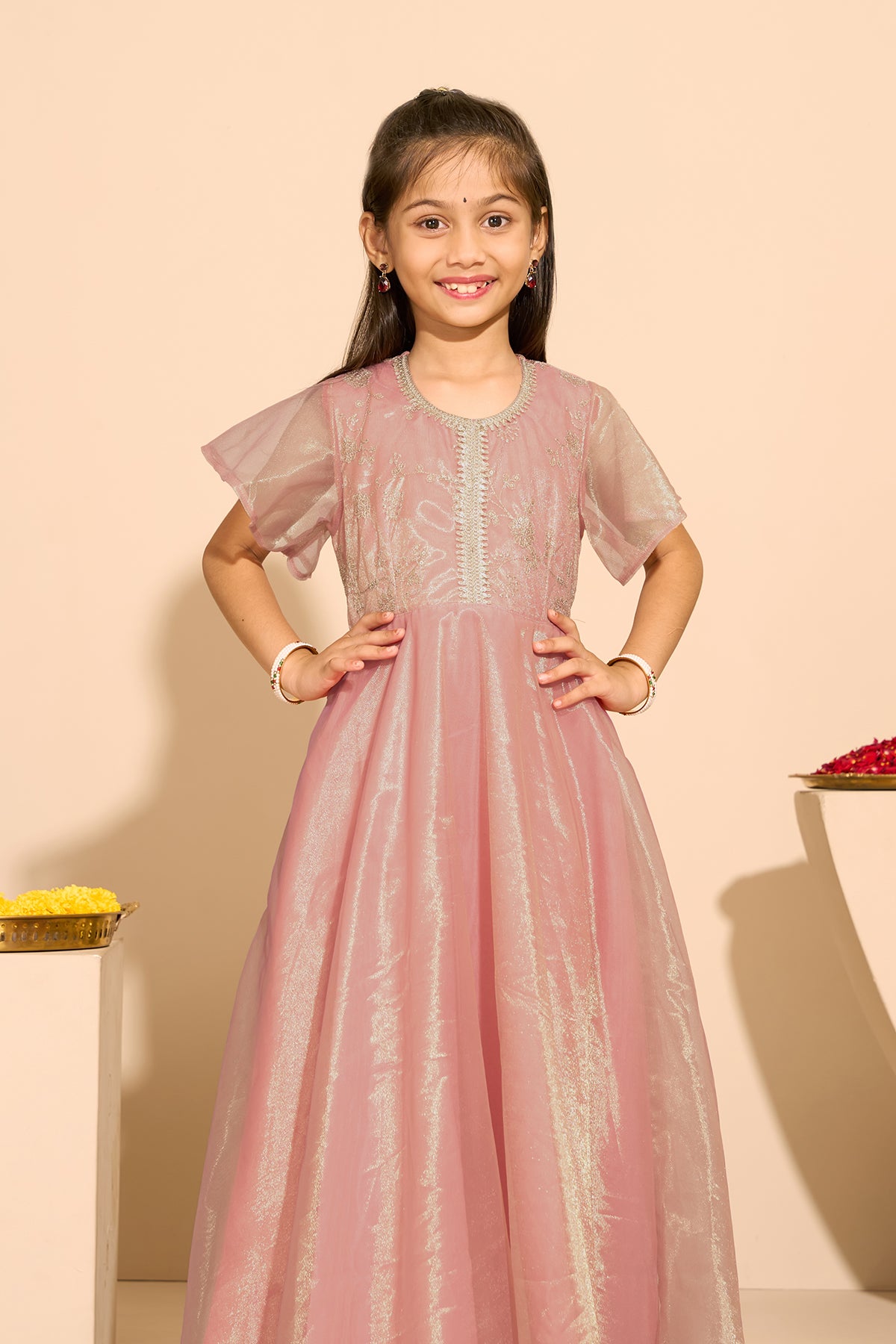 Sequence & Lace Embellished Kids Anarkali - Pink