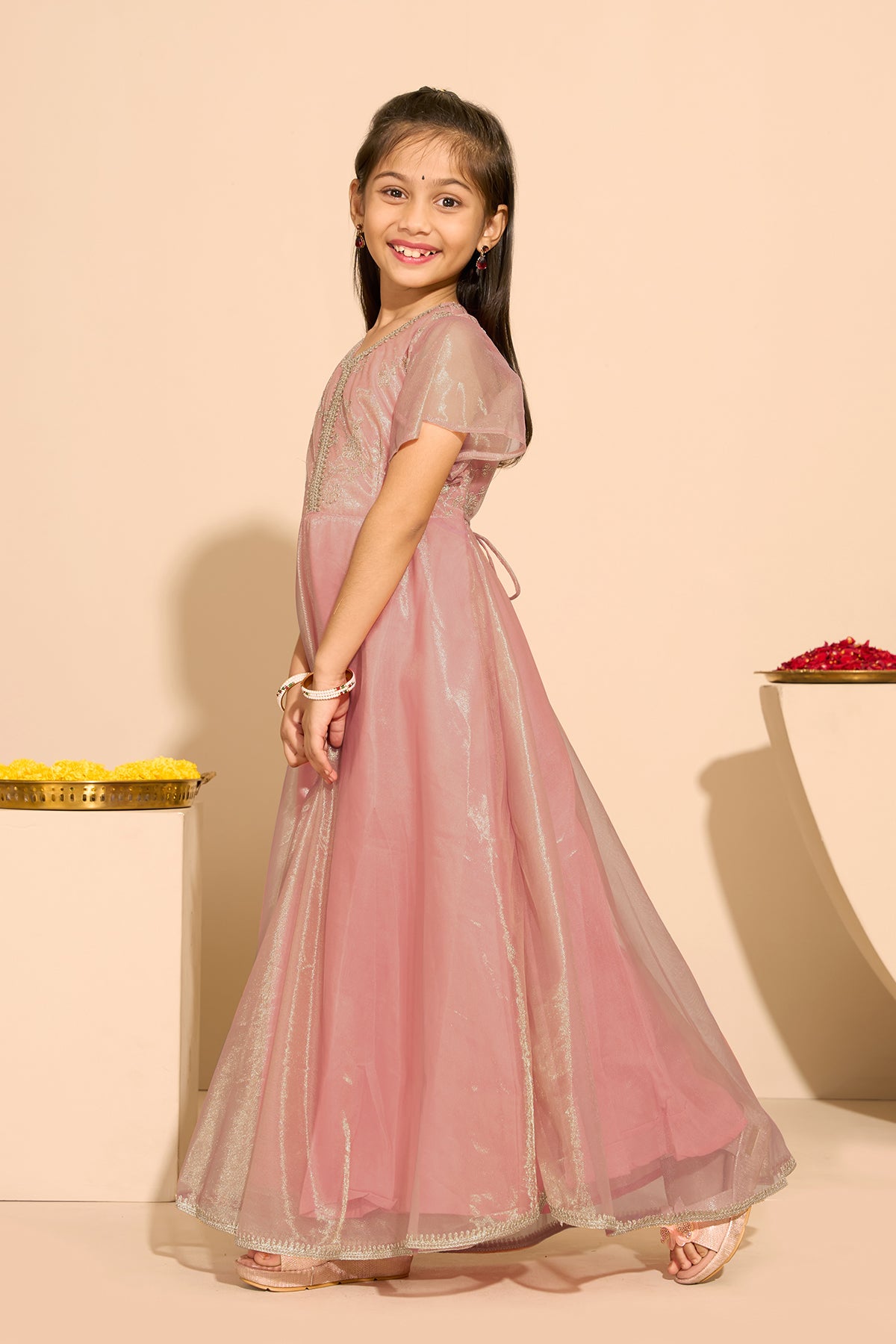 Sequence & Lace Embellished Kids Anarkali - Pink