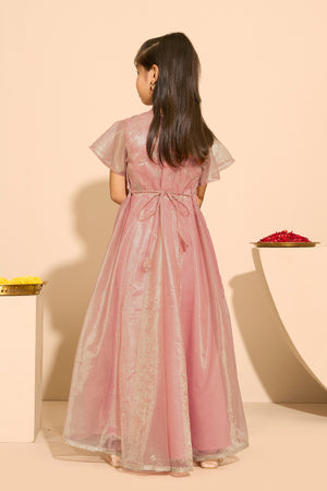 Sequence & Lace Embellished Kids Anarkali - Pink