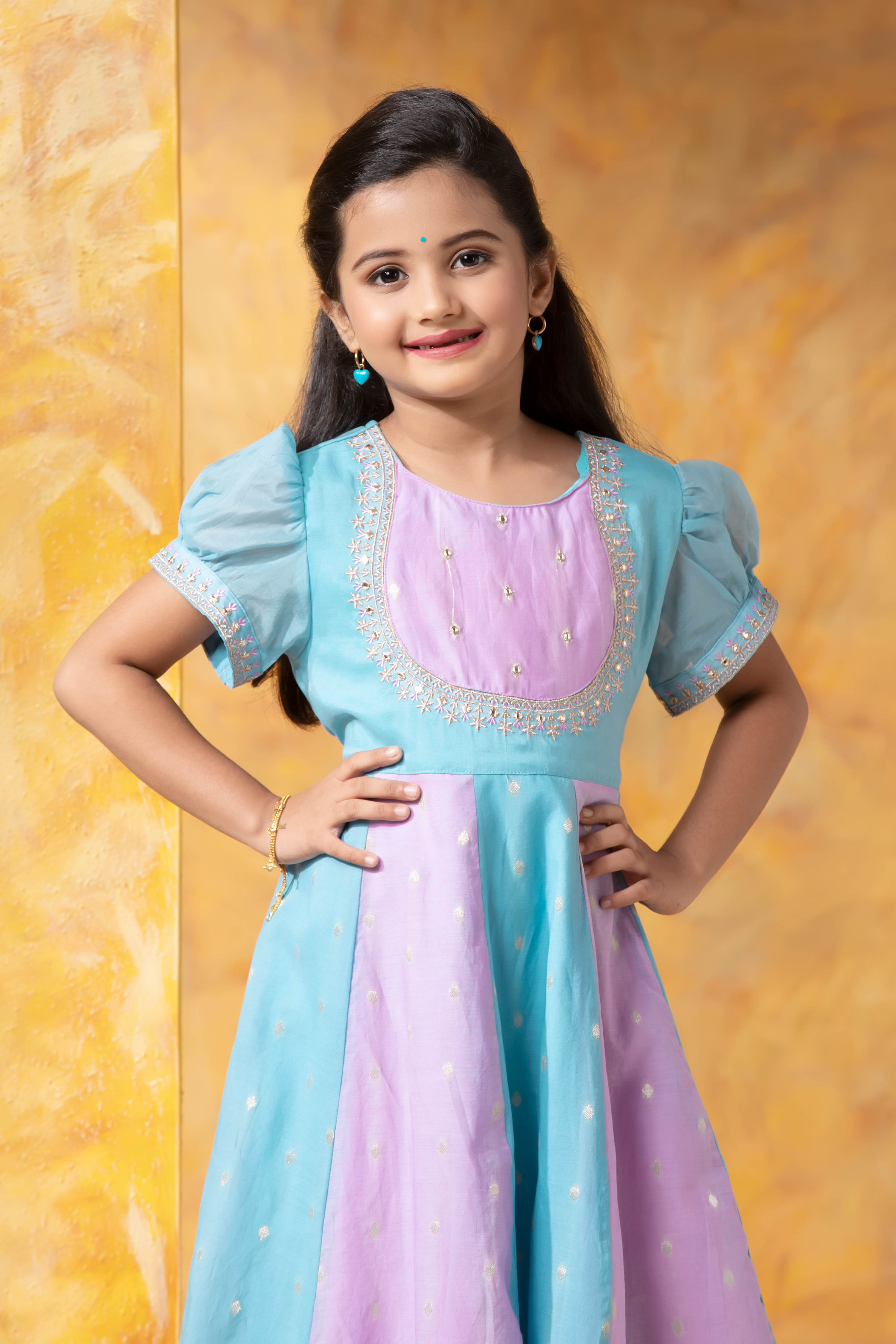 Sky Blue & Pink Anarkali Dress with Golden Embroidery Maybell Womens Fashion Sky Blue & Pink Anarkali Dress with Golden Embroidery Maybell Womens Fashion