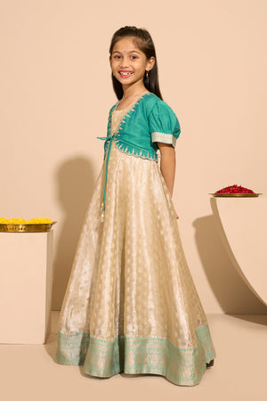 Brocade Kids Anarkali with Embroidered Overcoat- Beige & Sea Green