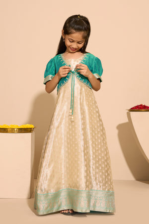 Brocade Kids Anarkali with Embroidered Overcoat- Beige & Sea Green