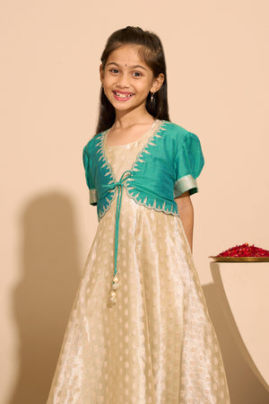 Brocade Kids Anarkali with Embroidered Overcoat- Beige & Sea Green