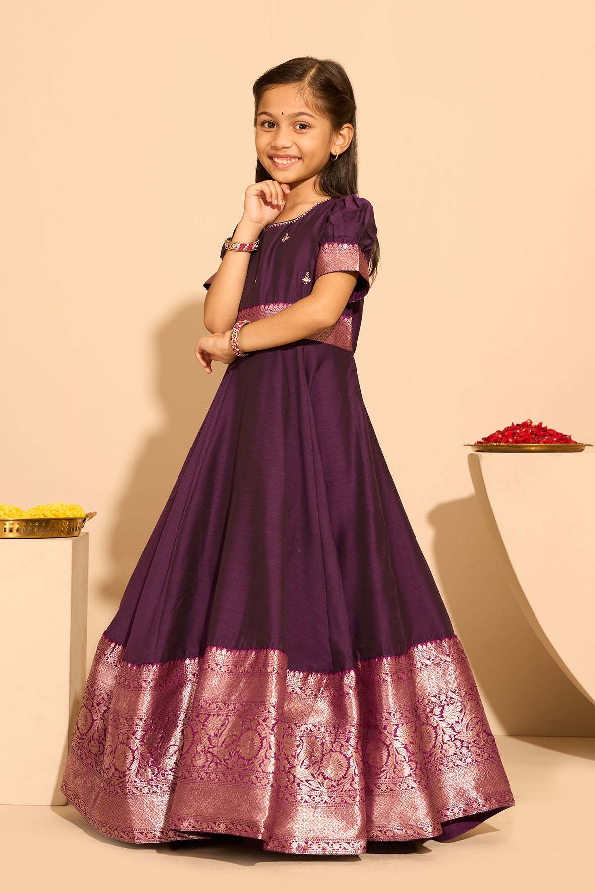 Embroidered Kids Anarkali with Zari Border - Burgundy
