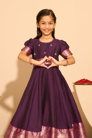 Embroidered Kids Anarkali with Zari Border - Burgundy
