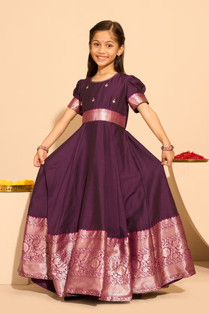 Embroidered Kids Anarkali with Zari Border - Burgundy