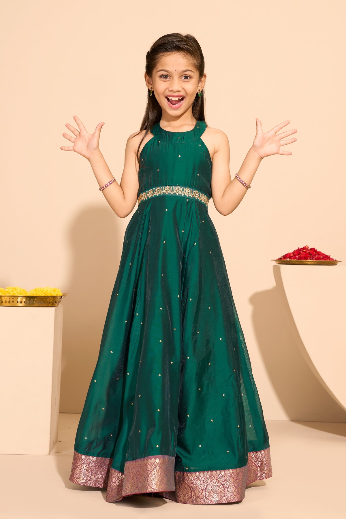 Floral Embroidered Kids Anarkali - Green