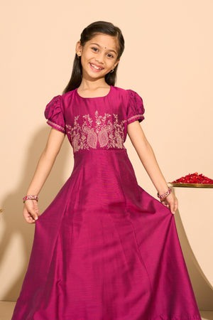 Peacock Embroidered Kids Anarkali - Magenta
