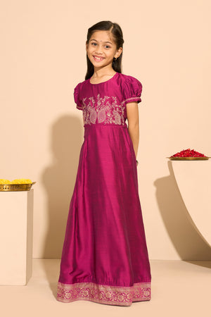 Peacock Embroidered Kids Anarkali - Magenta
