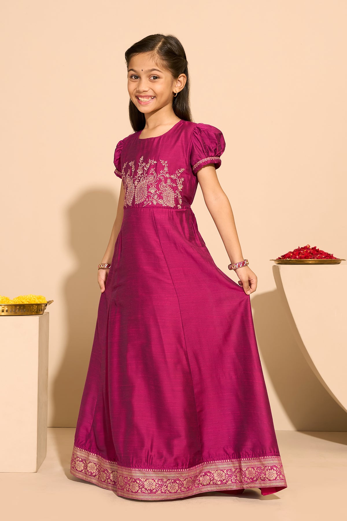 Peacock Embroidered Kids Anarkali - Magenta
