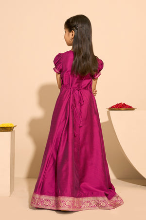 Peacock Embroidered Kids Anarkali - Magenta
