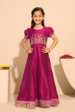 Peacock Embroidered Kids Anarkali - Magenta