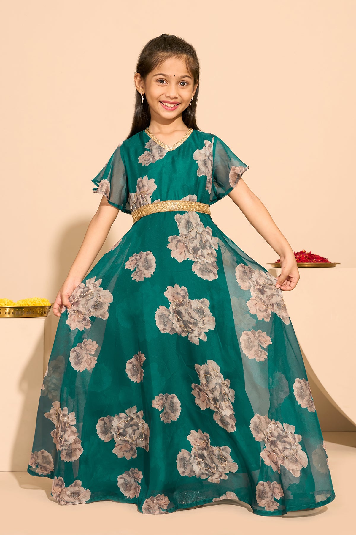 Floral Embroidered Kids Anarkali - Green
