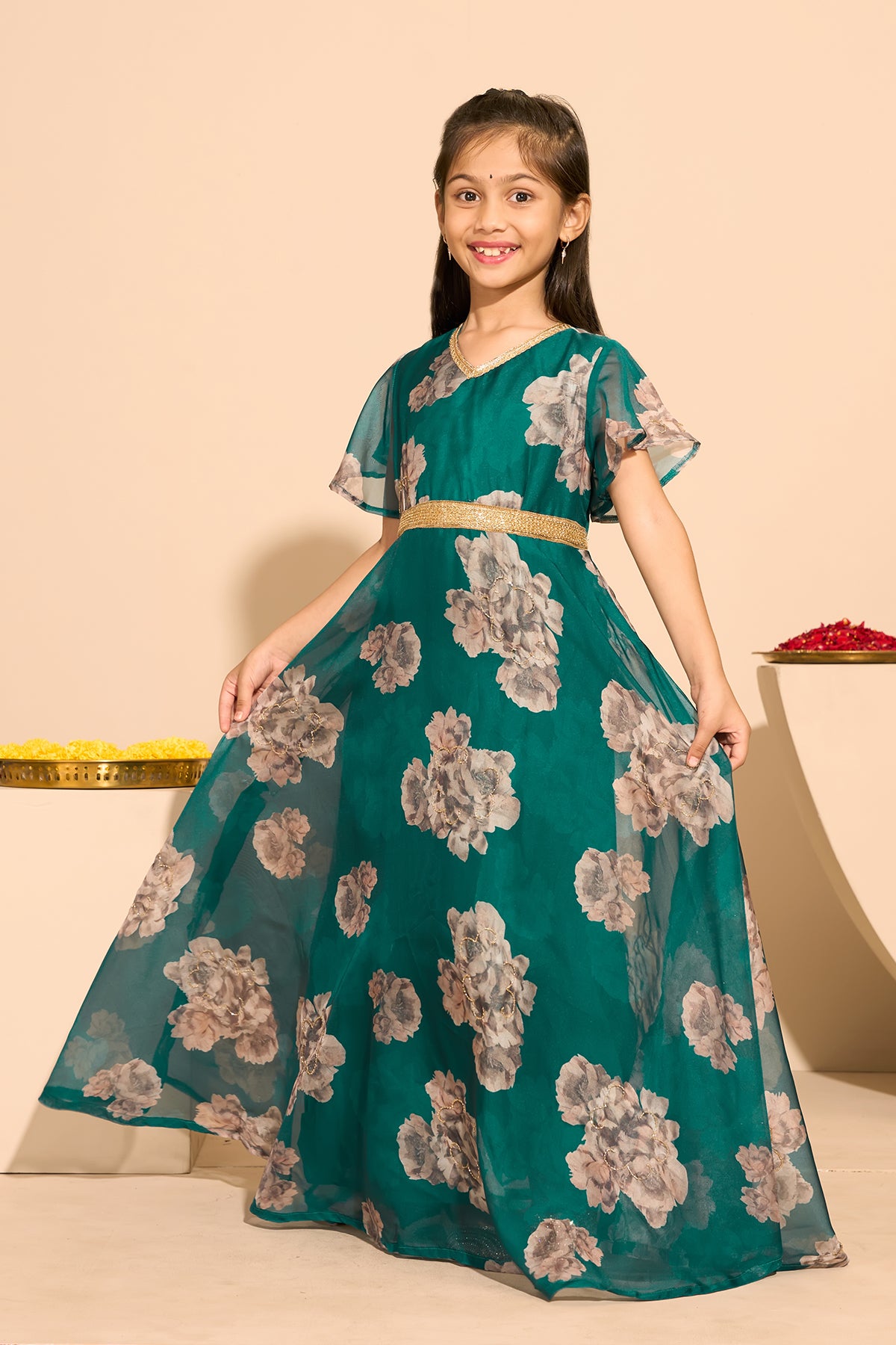 Floral Embroidered Kids Anarkali - Green
