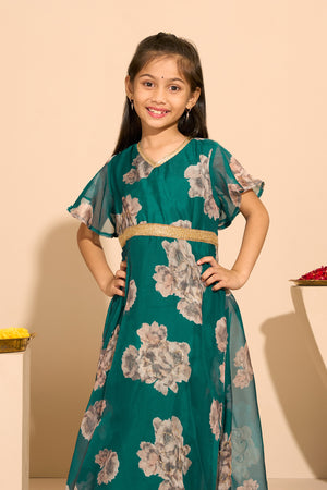 Floral Embroidered Kids Anarkali - Green
