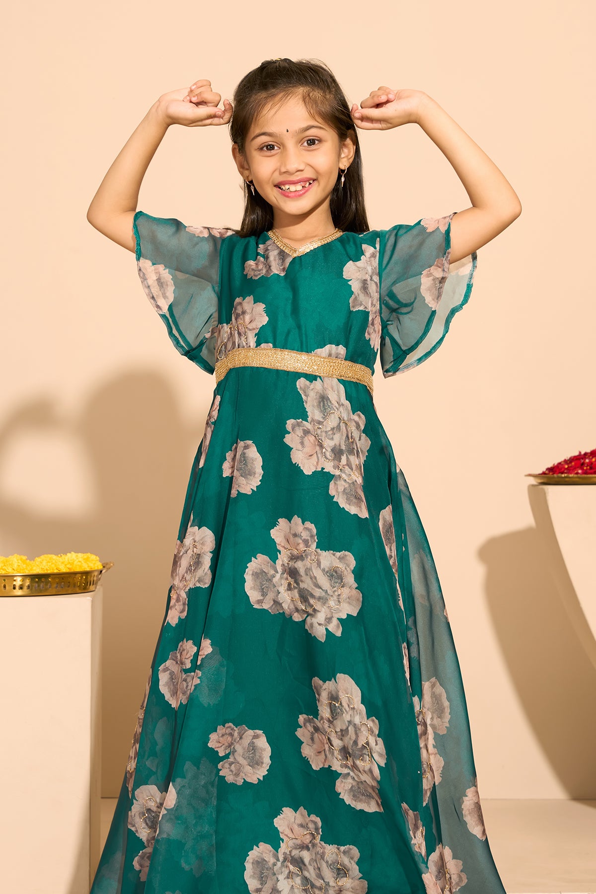 Floral Embroidered Kids Anarkali - Green
