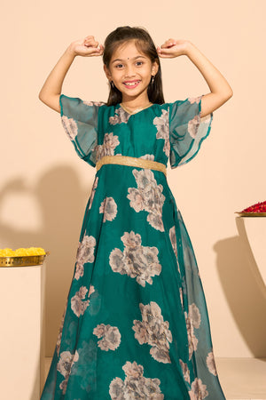 Floral Embroidered Kids Anarkali - Green
