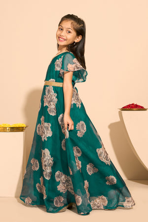 Floral Embroidered Kids Anarkali - Green