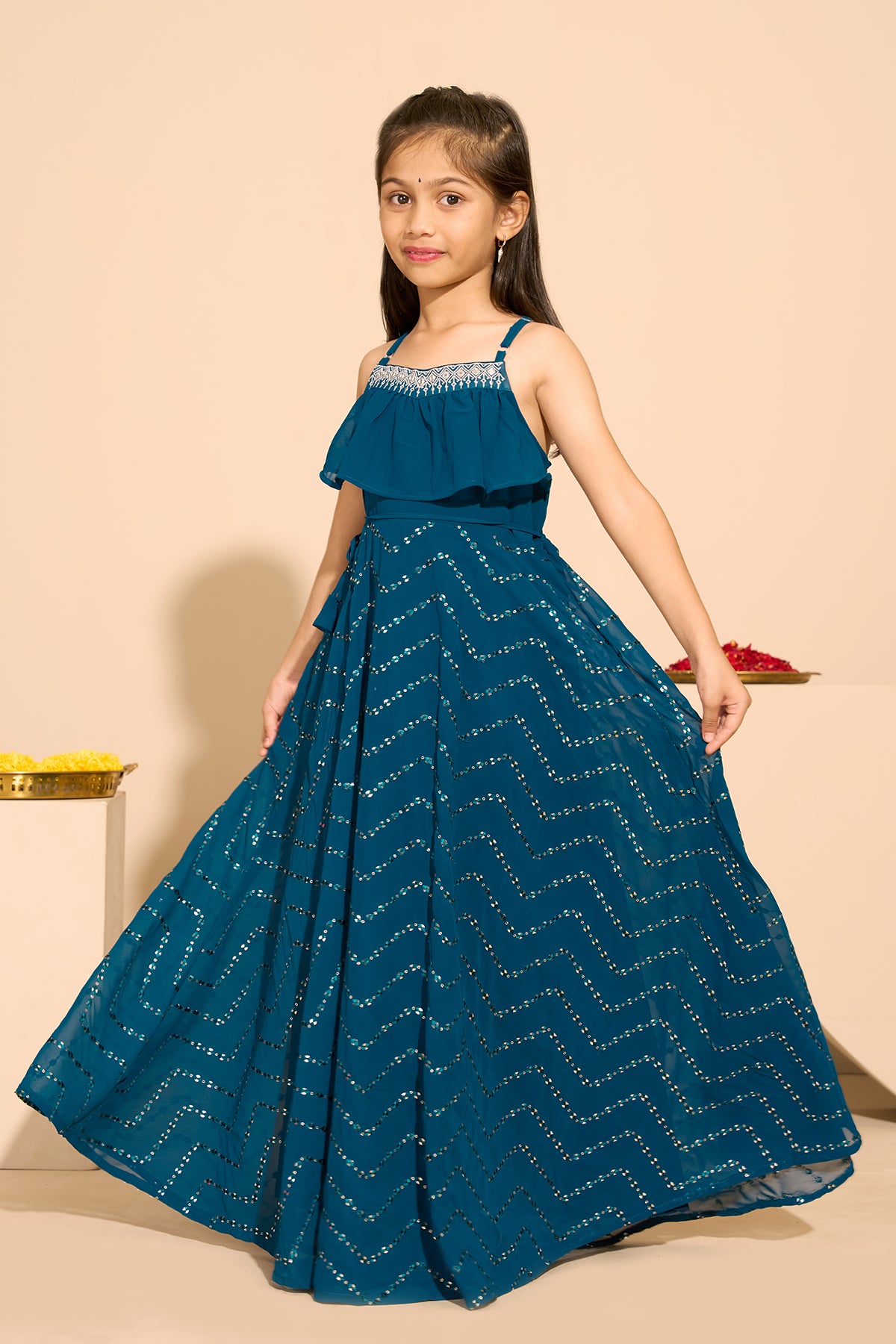 Sequence Embellished Sleeveless Kids Anarkali - Blue
