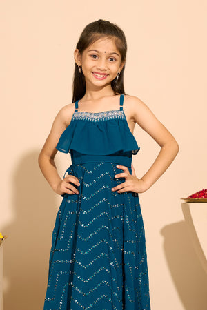 Sequence Embellished Sleeveless Kids Anarkali - Blue