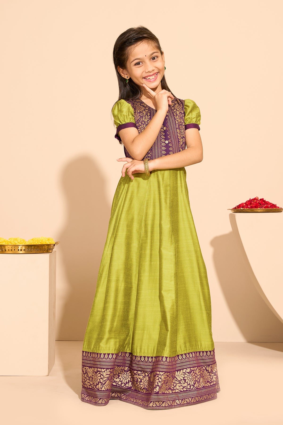 Floral Printed Kids Anarkali - Green
