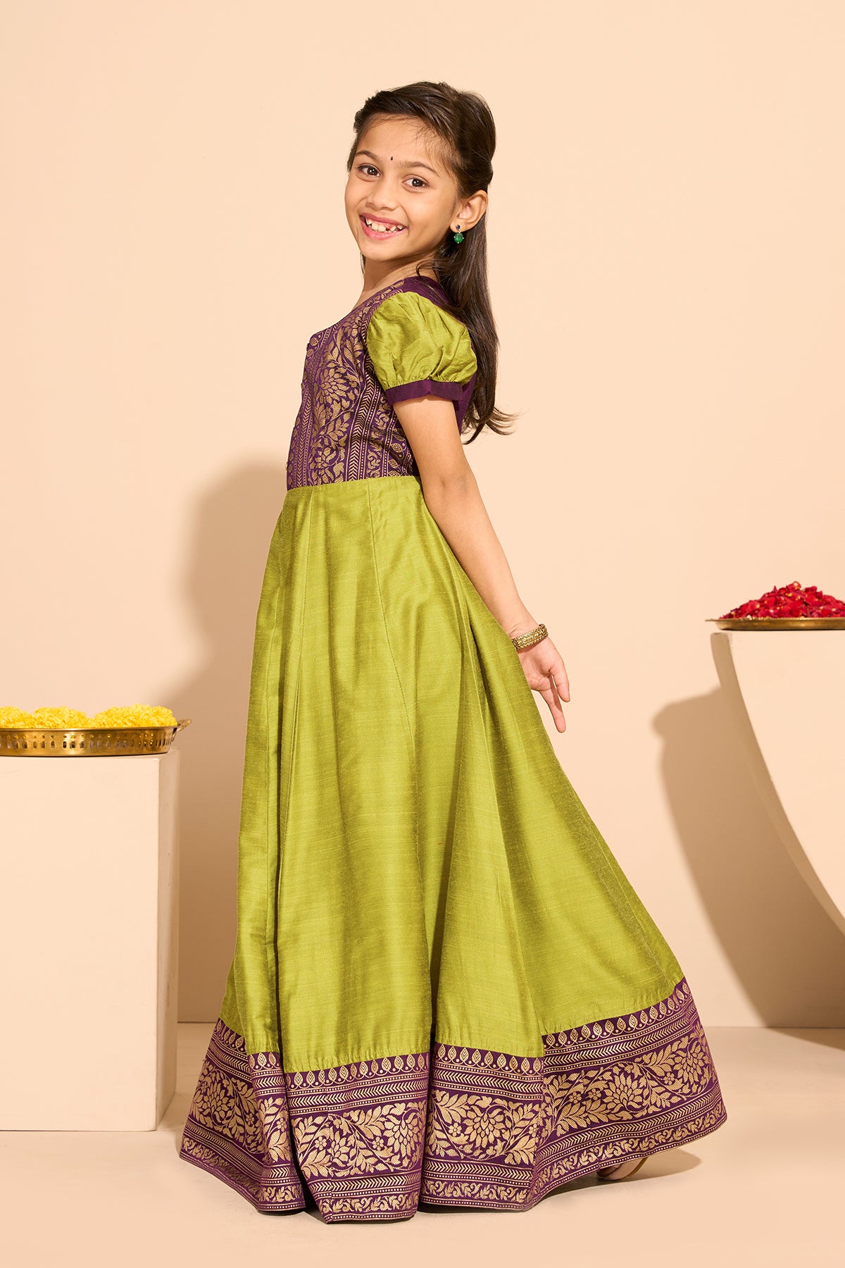 Floral Printed Kids Anarkali - Green
