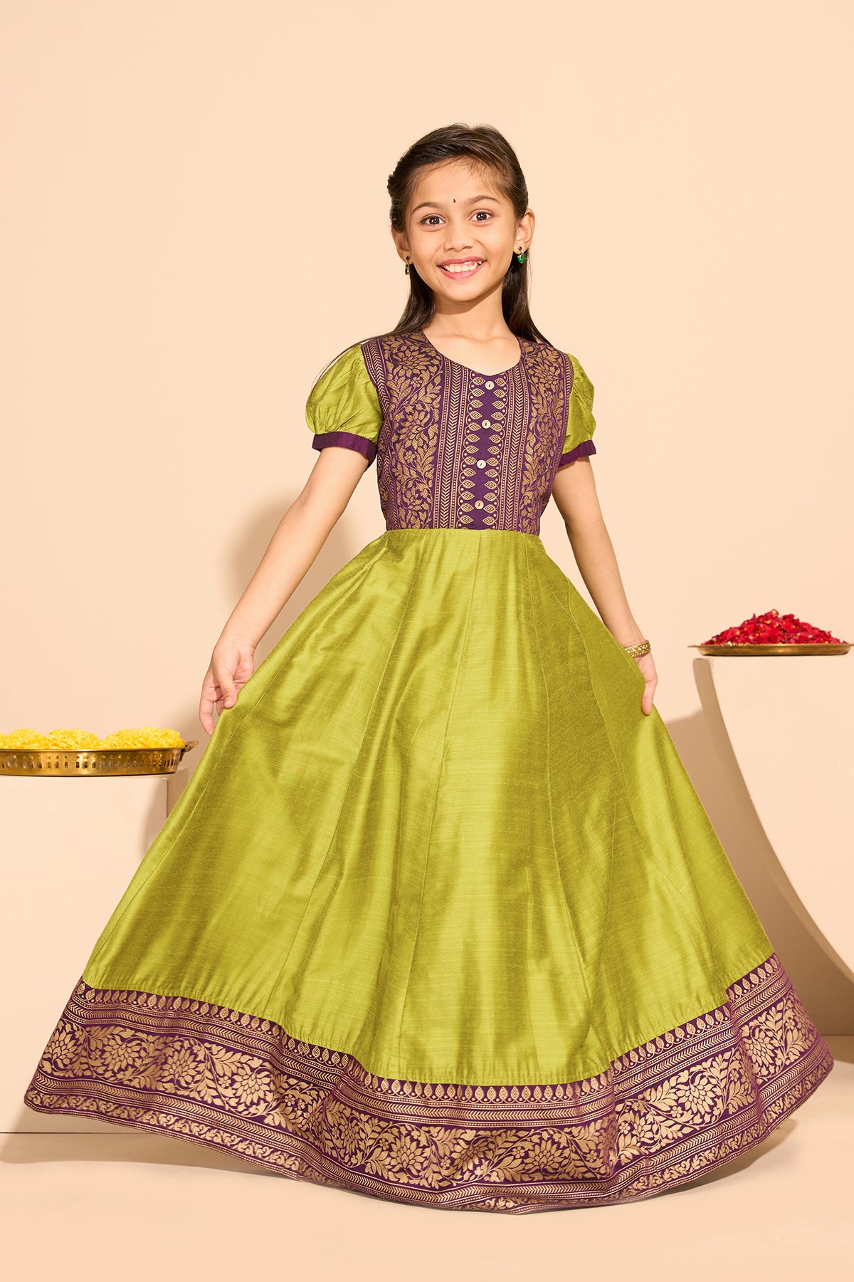 Floral Printed Kids Anarkali - Green