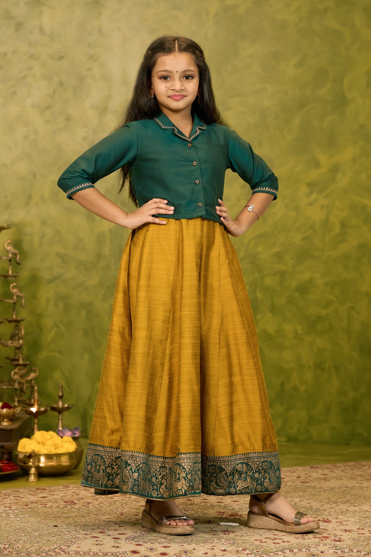 Embroidered Kids Anarkali with Overcoat - Yellow & Green