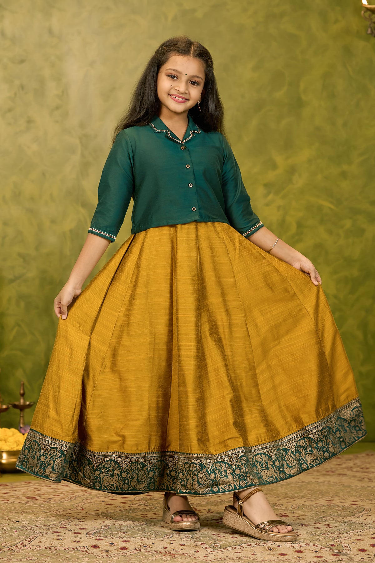 Embroidered Kids Anarkali with Jacket - Mustard & Green