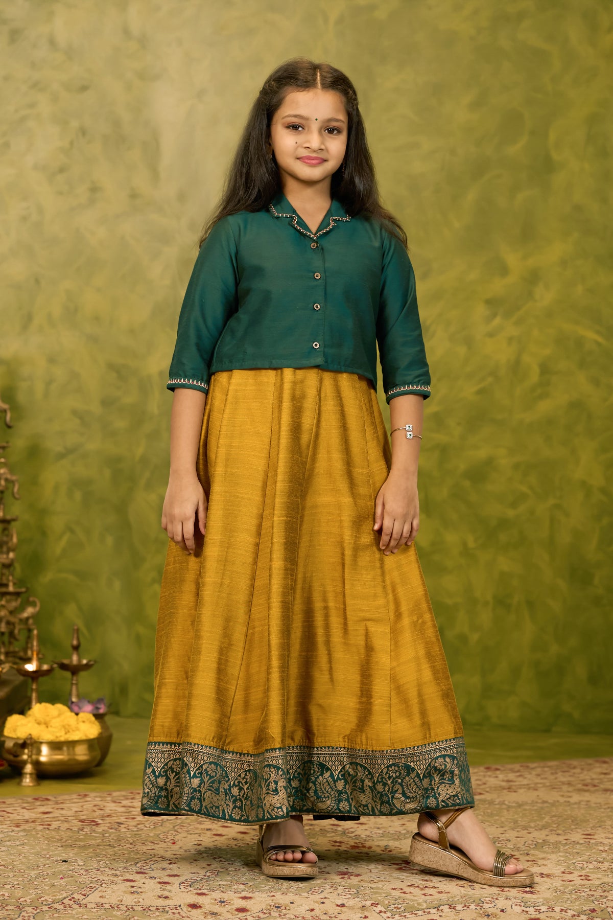 Embroidered Kids Anarkali with Jacket - Mustard & Green