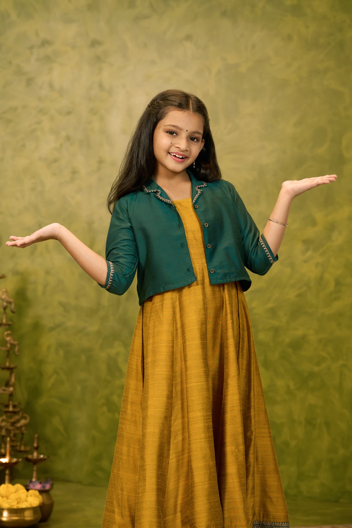 Embroidered Kids Anarkali with Jacket - Mustard & Green