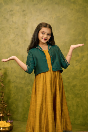 Embroidered Kids Anarkali with Jacket - Mustard & Green