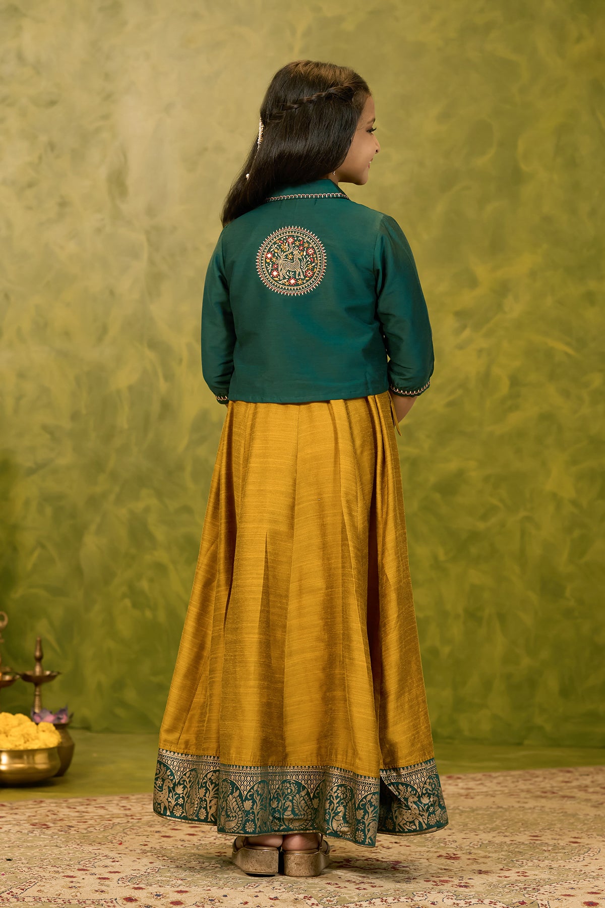 Embroidered Kids Anarkali with Jacket - Mustard & Green