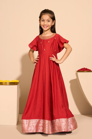 Jewel Embroidered Kids Anarkali - Rust
