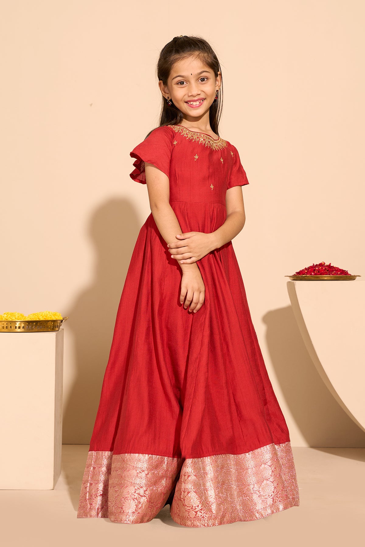 Jewel Embroidered Kids Anarkali - Rust
