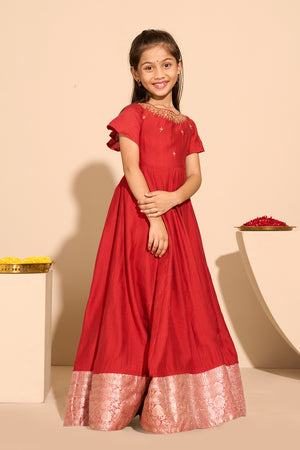 Jewel Embroidered Kids Anarkali - Rust
