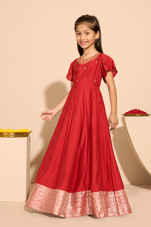 Jewel Embroidered Kids Anarkali - Rust