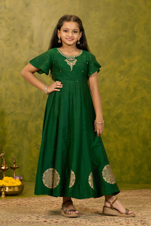 Mandala Printed & Embroidered Kids Anarkali - Green