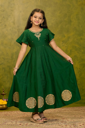 Mandala Printed & Embroidered Kids Anarkali - Green