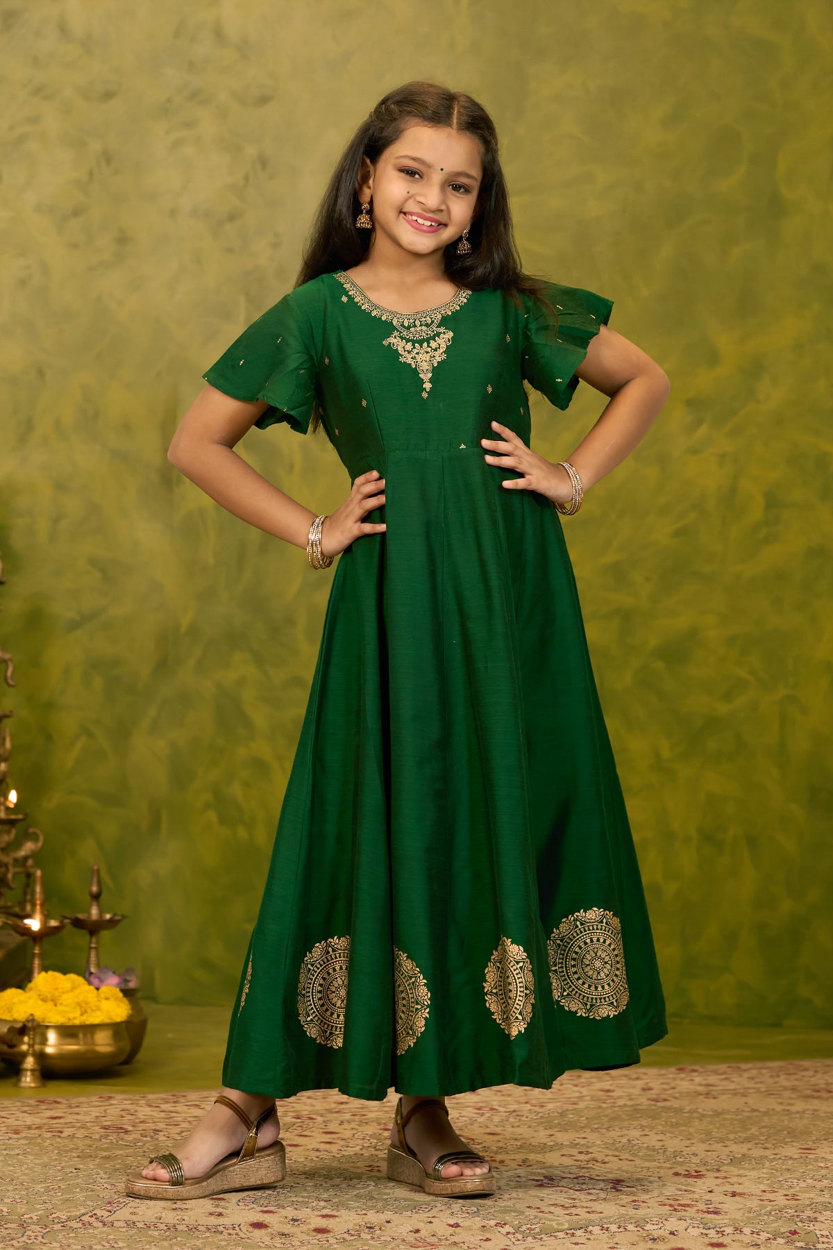 Mandala Printed & Embroidered Kids Anarkali - Green