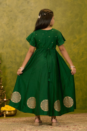 Mandala Printed & Embroidered Kids Anarkali - Green