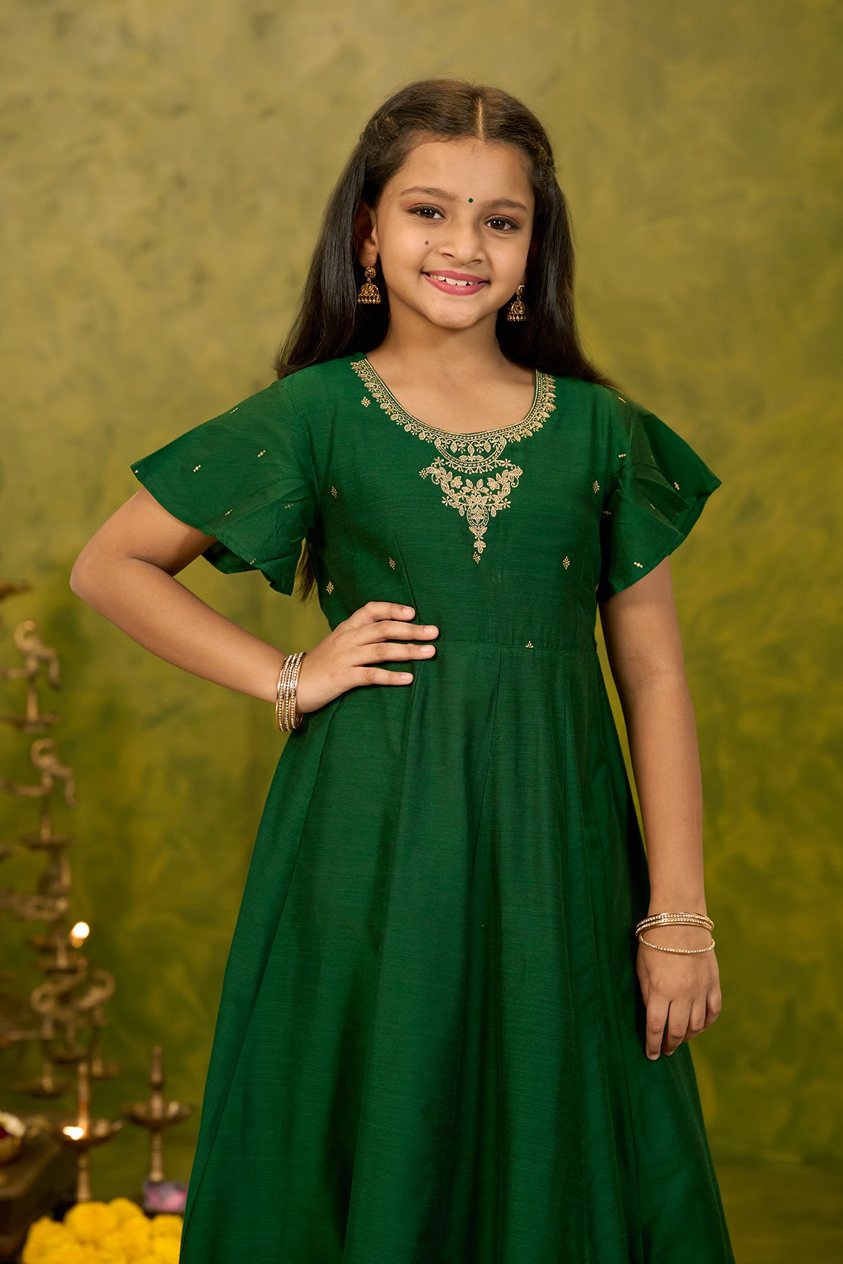 Mandala Printed & Embroidered Kids Anarkali - Green