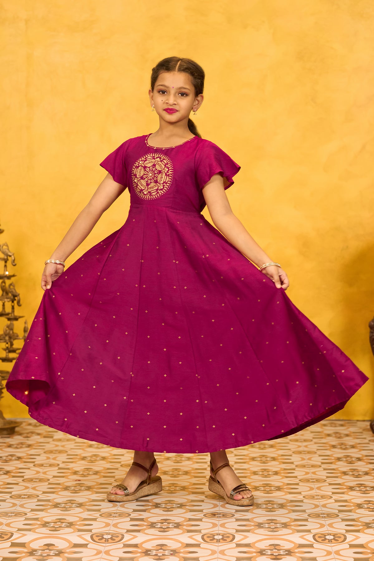 Pongal Inspired Printed Kids Anarkali - Magenta