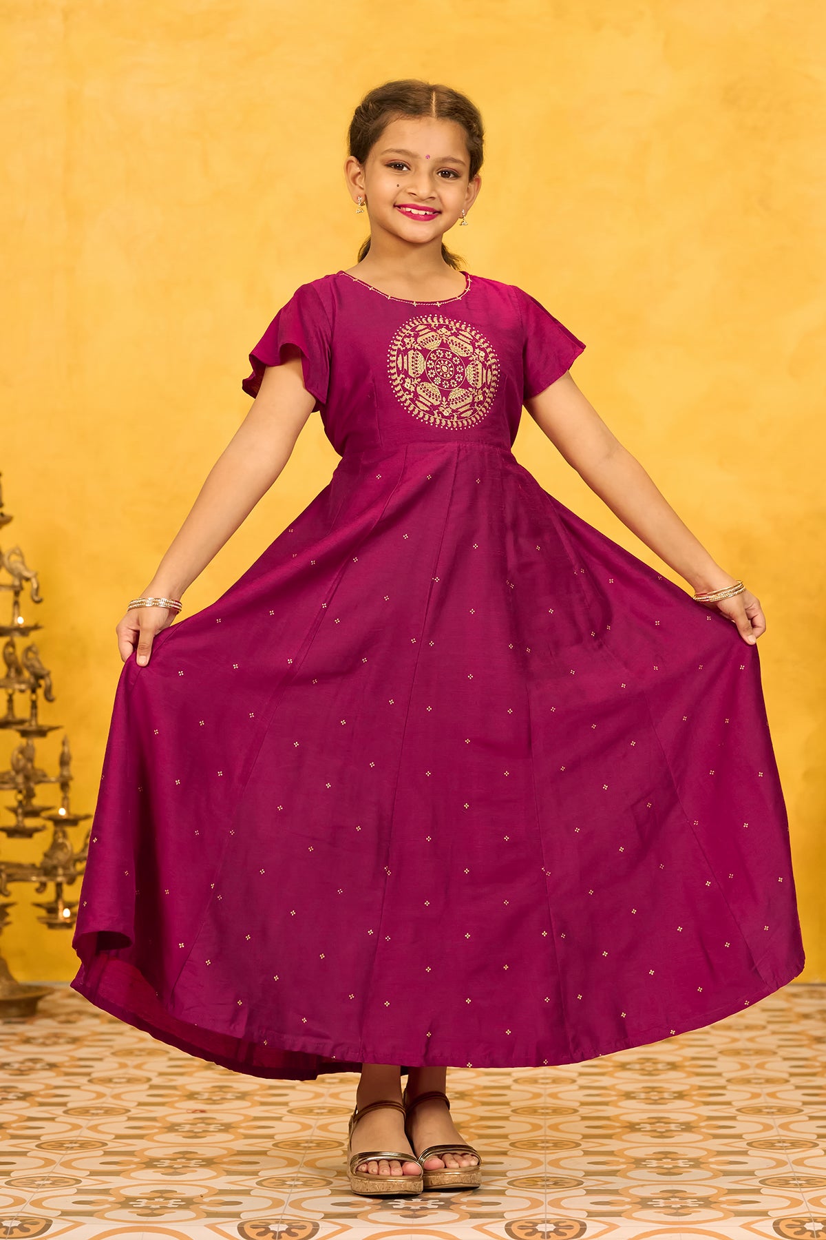 Pongal Inspired Printed Kids Anarkali - Magenta